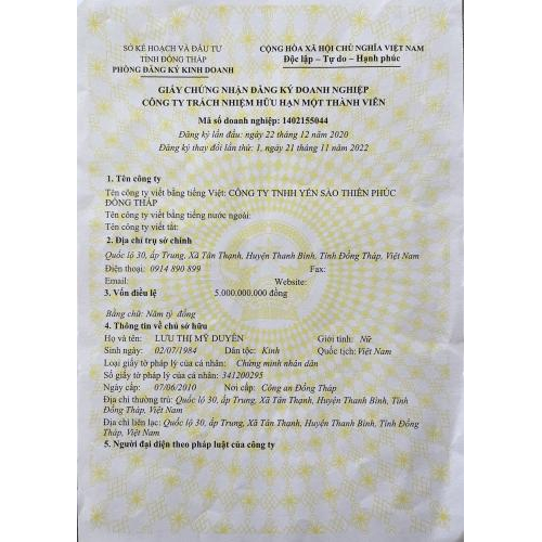 Giấy phép kinh doanh yến Thiên Gia Phúc