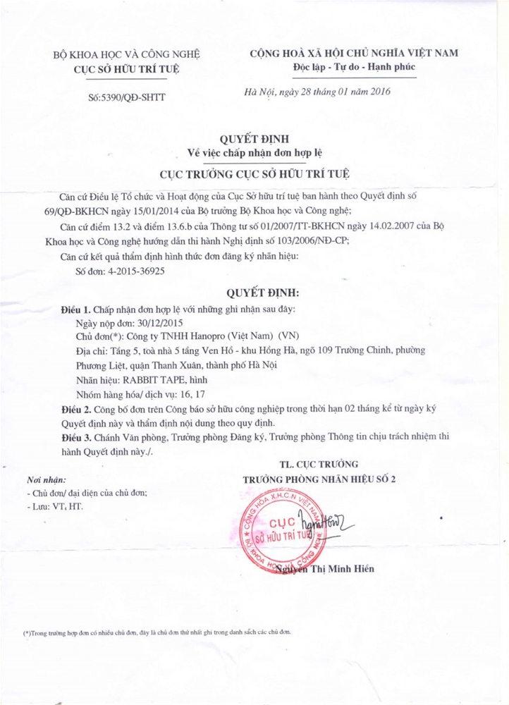 Nhãn hiệu Rabbit Tape của Hanopro được cấp chứng chỉ Sở hữu trí tuệ