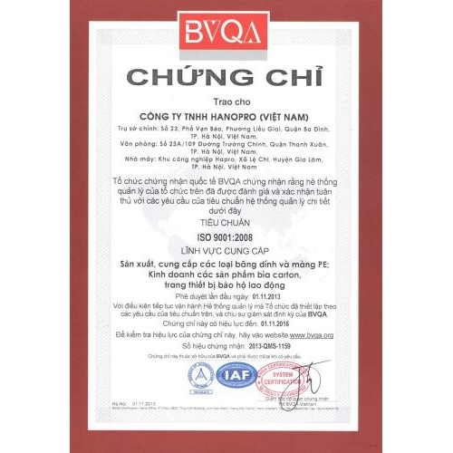 Chứng chỉ về tiêu chuẩn ISO 9001 : 2008