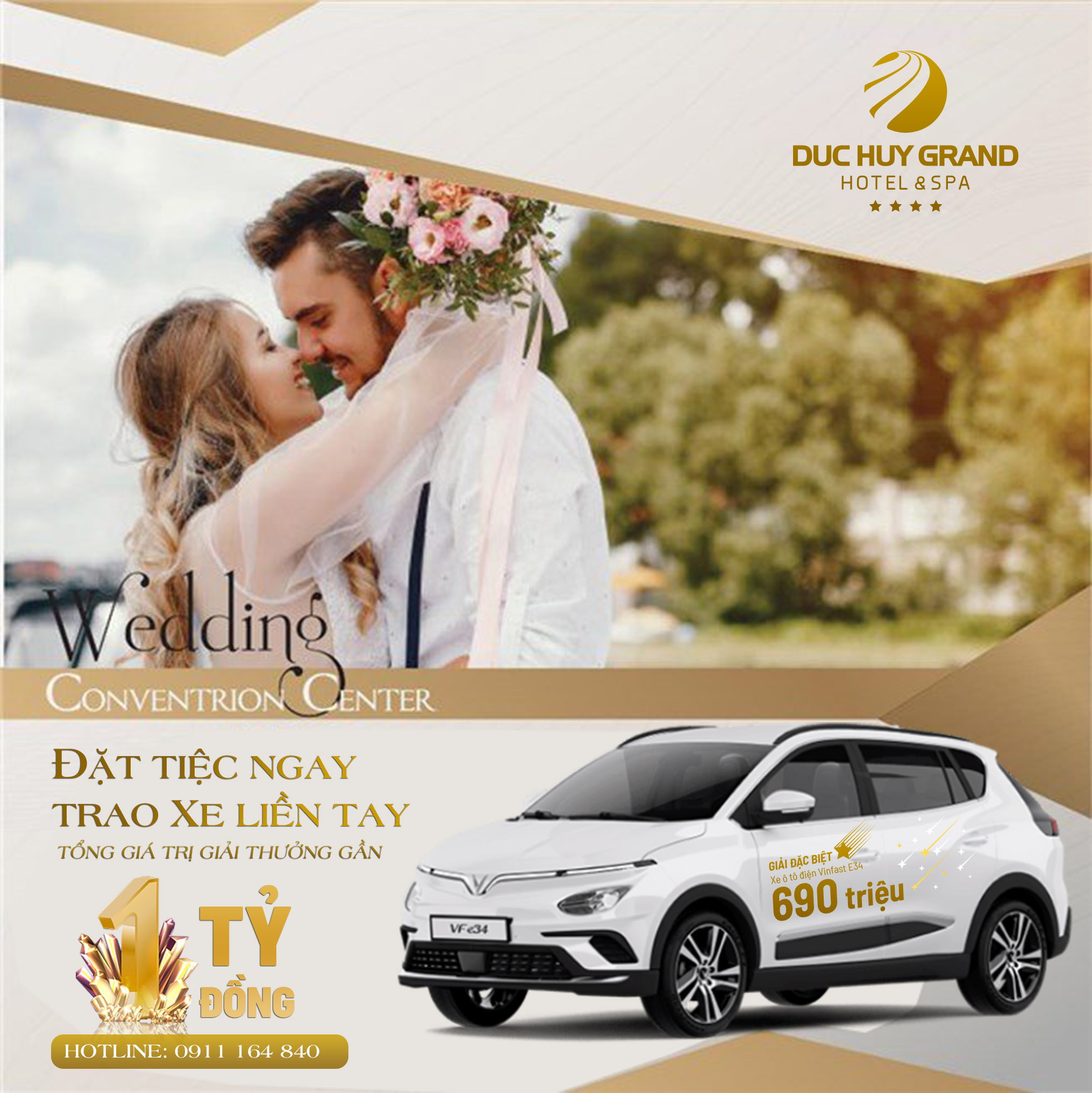 Cơ hội trúng thưởng ô tô Vinfast e34 khi sử dụng dịch vụ tại khách sạn Đức Huy Grand