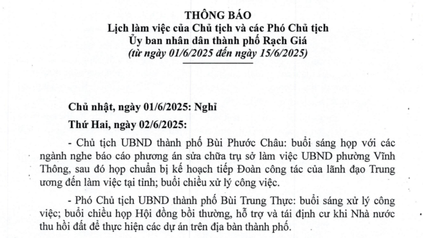 Thông báo Lịch làm việc của Chủ tịch và các Phó Chủ tịch Ủy ban nhân dân thành phố Rạch Giá (từ ngày 01/6/2025 đến ngày 15/5/2025)