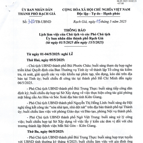 Lịch làm việc của Chủ tịch và các Phó Chủ tịch Ủy ban nhân dân thành phố Rạch Giá (từ ngày 01/5/2025 đến ngày 15/5/2025)