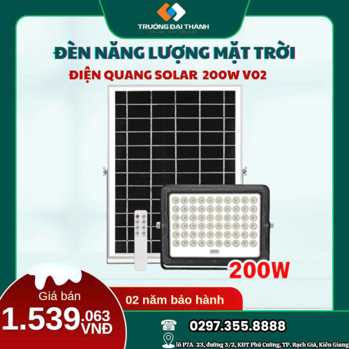 Đèn Chiếu Pha Năng Lượng Mặt Trời Điện Quang Solar 200W V02 Ánh Sáng Trắng