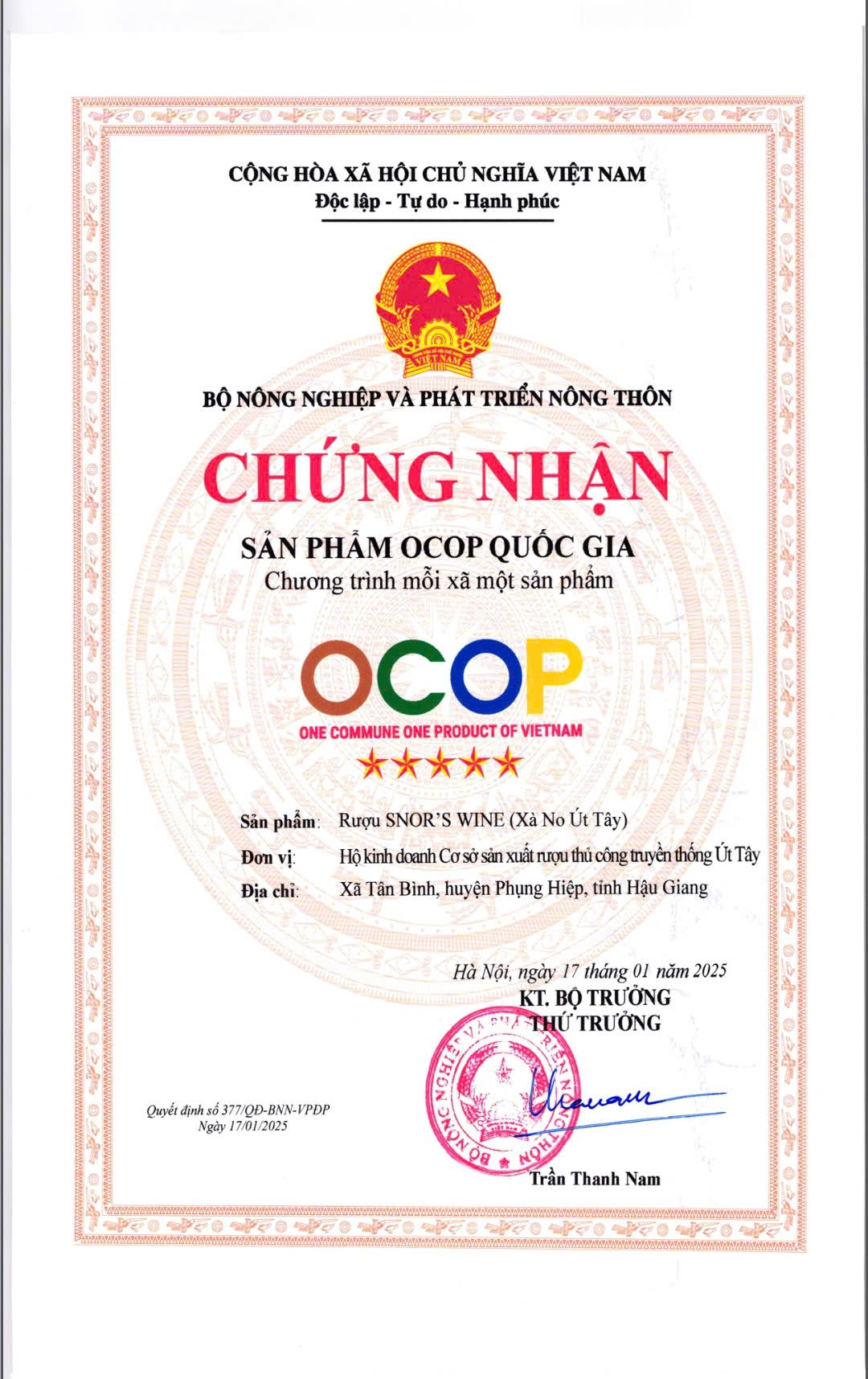 Chứng nhận sản phẩm OCOP 5sao cấp quốc gia